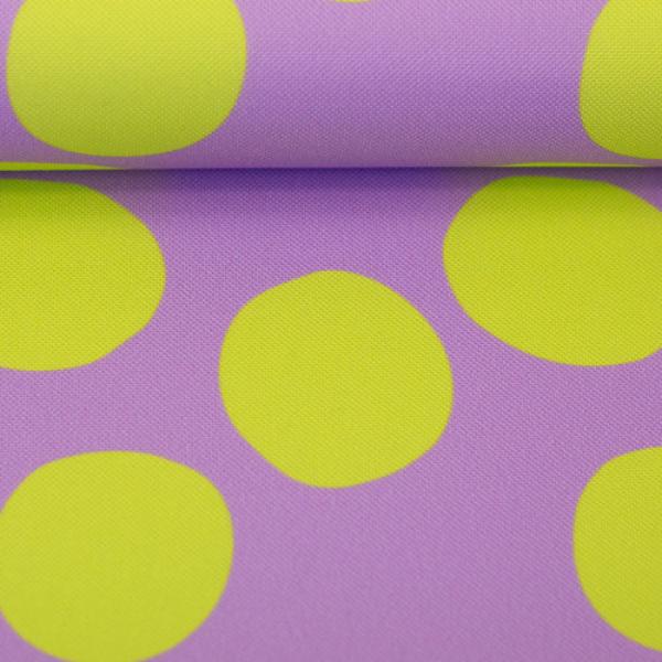Outdoorstoff (wasserdicht) Colourful Collection, Punkte in Flieder/Limette, als Ballen auf der Rolle